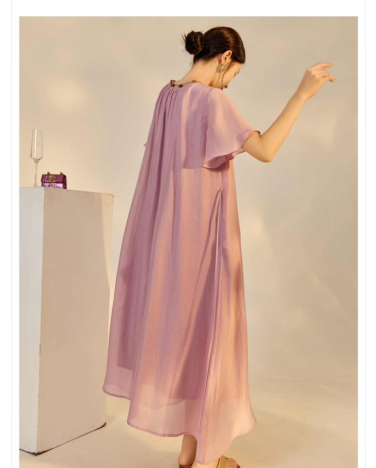 Đầm maxi nữ thắt eo tay lá sen chất Tencel phong cách dân tộc — Taro màu tím chi tiết 10