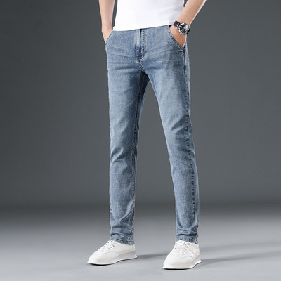 高端潮牌牛仔裤男修身小脚怀旧复古磨白口袋拉链弹力春夏薄款长裤|ms