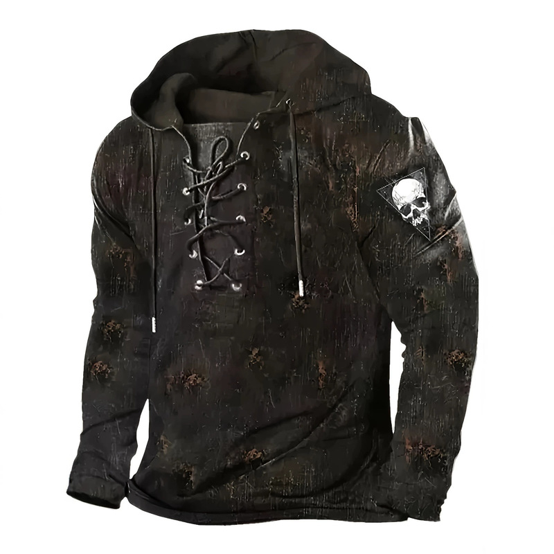 Cross-border foreign trade dark-style distressed skull print lace-up men's long-sleeve hooded sweatshirt, one-piece drop shipping
