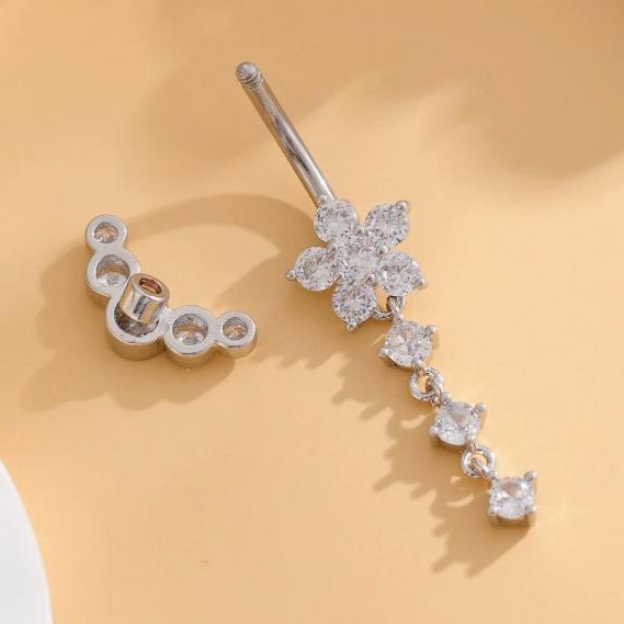 Zircon Belly Button Ring With Flower Heart And Butterfly Design_voghion.com