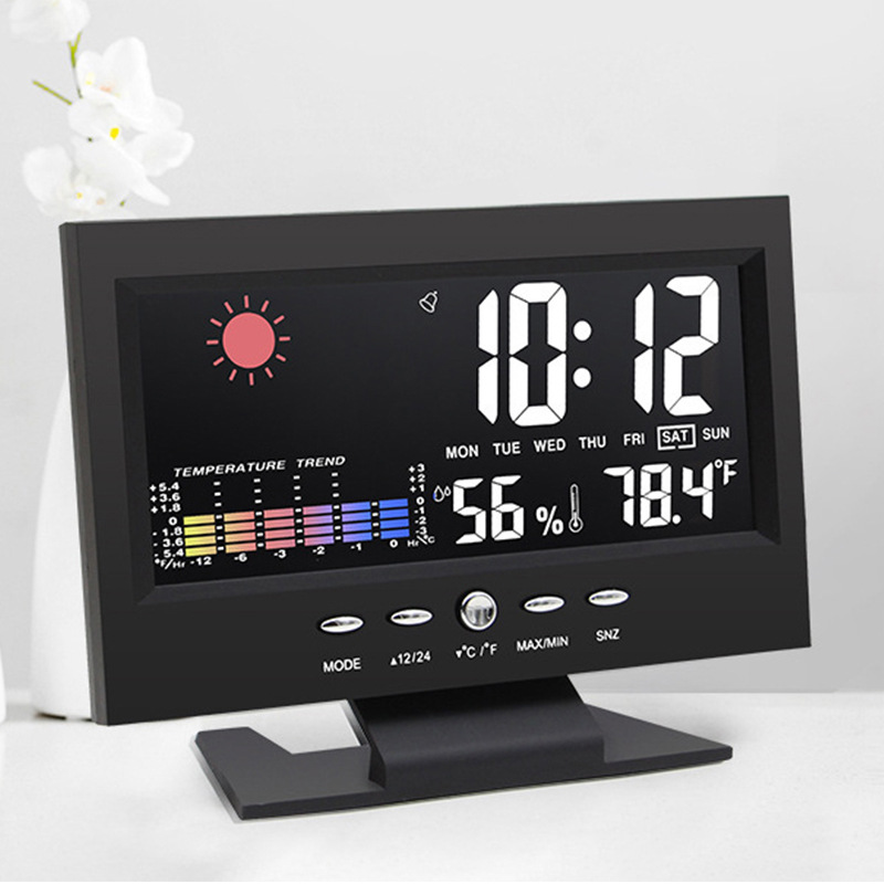 智能大屏幕万年历彩屏天气预报温湿度电子钟表跨境声控闹钟气象钟