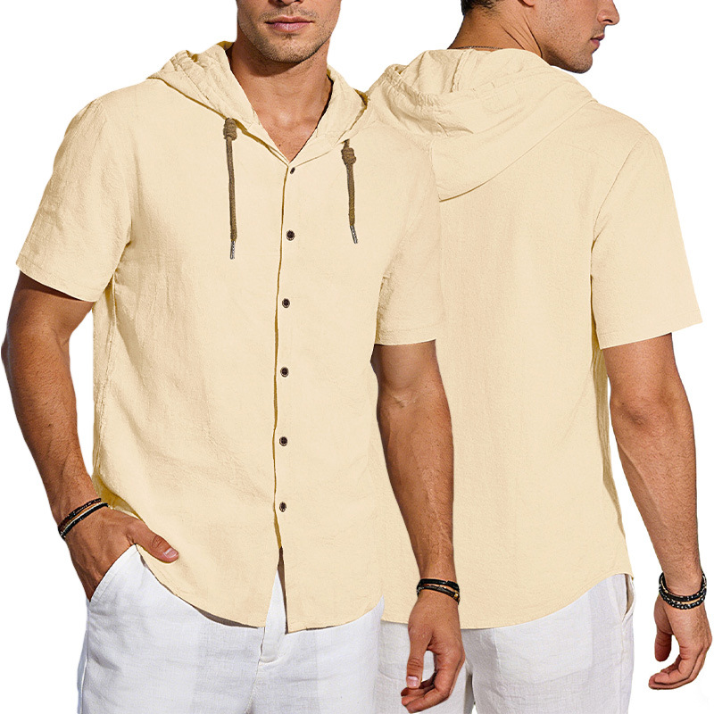 Camisa de lino con capucha para hombre, estilo europeo y americano, transfronteriza, de Amazon, con botones, fina, de verano, informal, de manga corta.