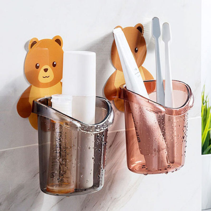No Punching Self-Adhesive Bear Cup Wall-Mounted Bear Hug Toothbrush Cup Holder Cartoon Mouthwash Cup Holder Wash Cup