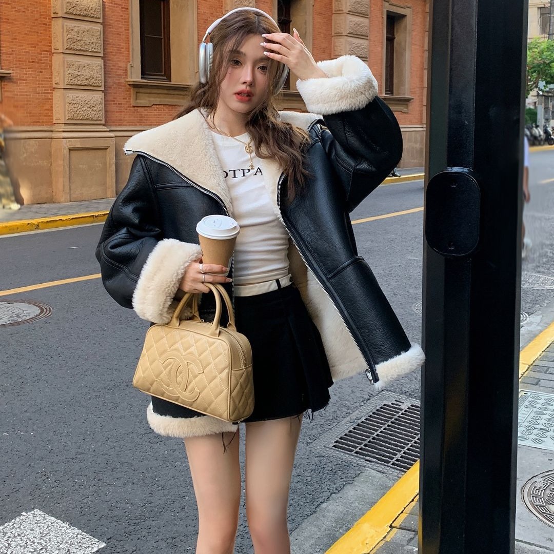 European and American cross-border women's clothing 2023 autumn and winter New Fashion cashmere leather fur collar composite mid-length coat leather coat