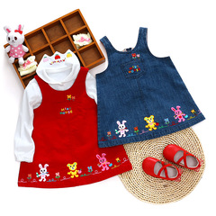 miki童裝背帶裙 日系 女童卡通小兔花朵背帶裙兒童連衣裙代發