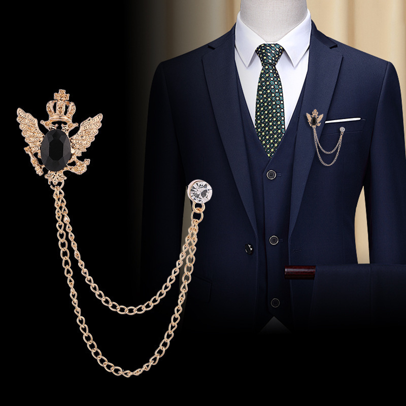 Men's Brooch European and American Retro Palace Style Jacket Suit Corsage Tassel Chain Double-Headed Eagle Brooch Clothing Accessories