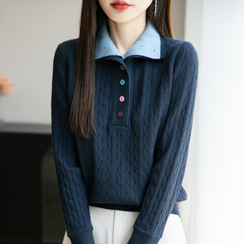 气质高级感复古麻花针织衫女秋冬新款双层领半开领百搭打底毛衣|undefined
