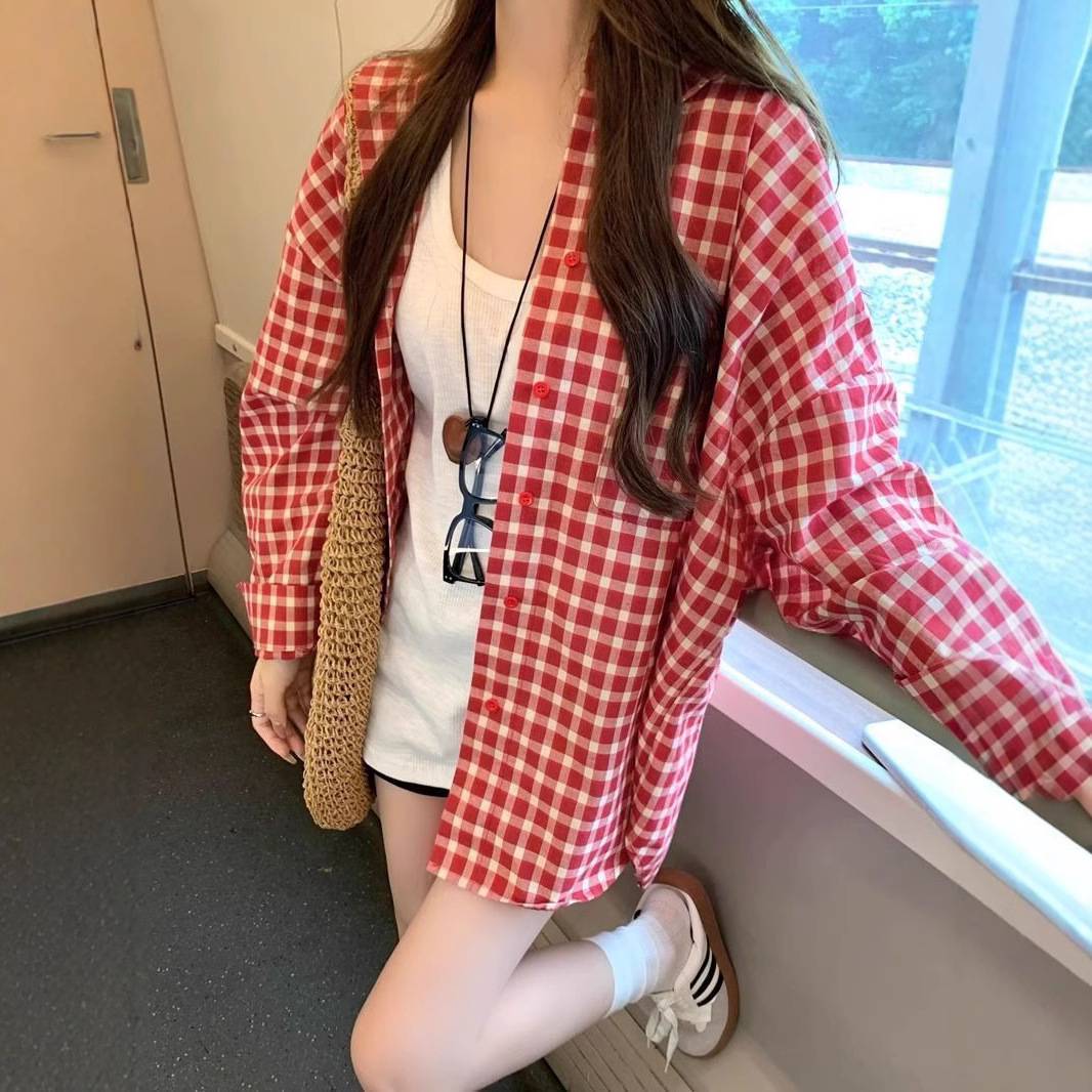 Korean Style Summer New Style Plaid Casual Sun Protection Shirt Coat Women's Lazy Joker Loose Cardigan Mid-length Shirt