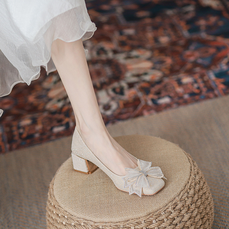 877-7 In-Stock New High-Heeled Shoes Versatile Chunky Heel Shallow Mouth Women's Shoes Mid-Heel Single Shoes Women's Bow-Knot Shoes Women's Loafers