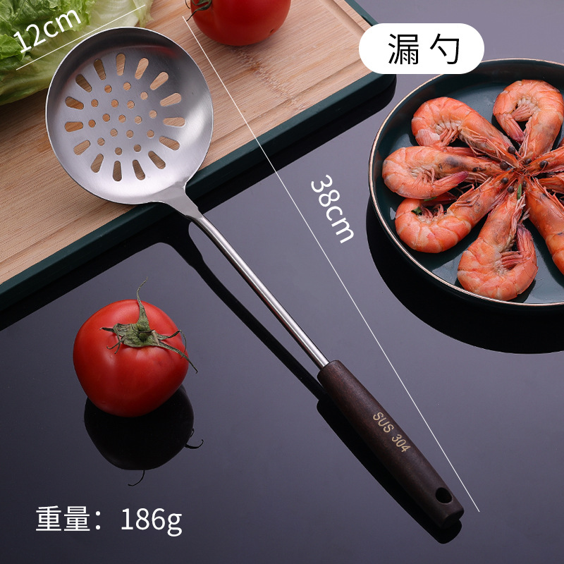 304 espátula de acero inoxidable mango de madera cuchara de sopa freír pala espátula utensilios de cocina para el hogar traje al por mayor