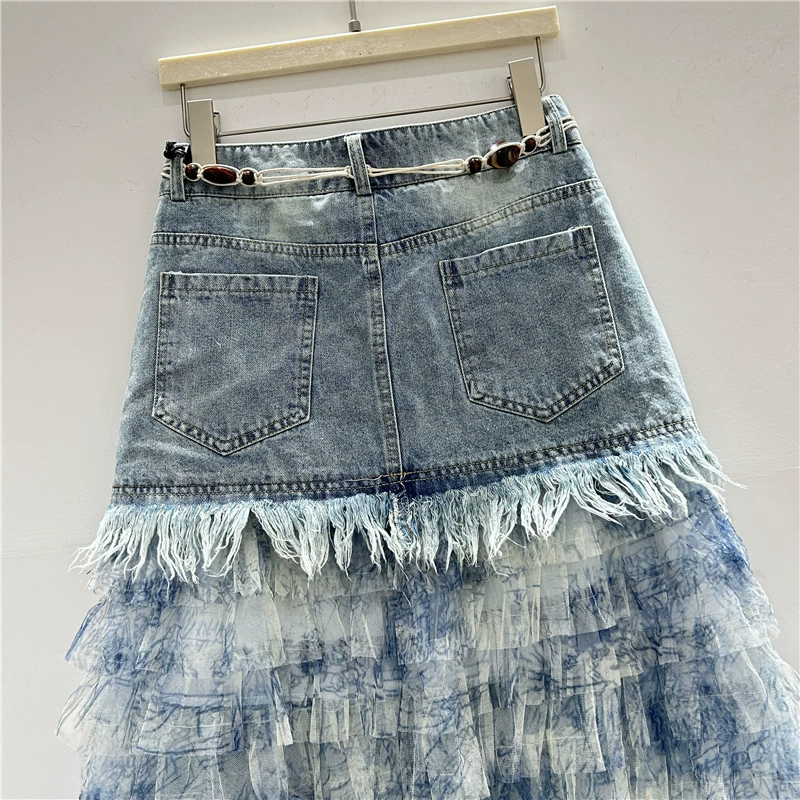 Denim skirt, mesh skirt, high-end, tutu skirt
