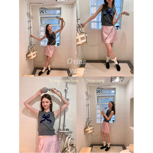 ovinsyang bow knitted vest for women to wear inside and outside, sweet little girl short sleeveless top