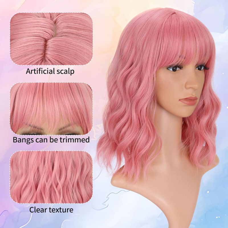 European and American Style Wavy Bob Wig for Women with Bangs, Soft Curly Synthetic Water Wave Wig