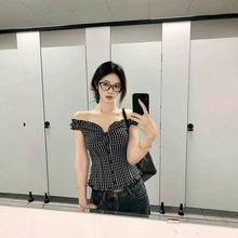 辣妹风黑色格子收腰显瘦短袖衬衫女新款夏季bm修身短上衣跨境批发