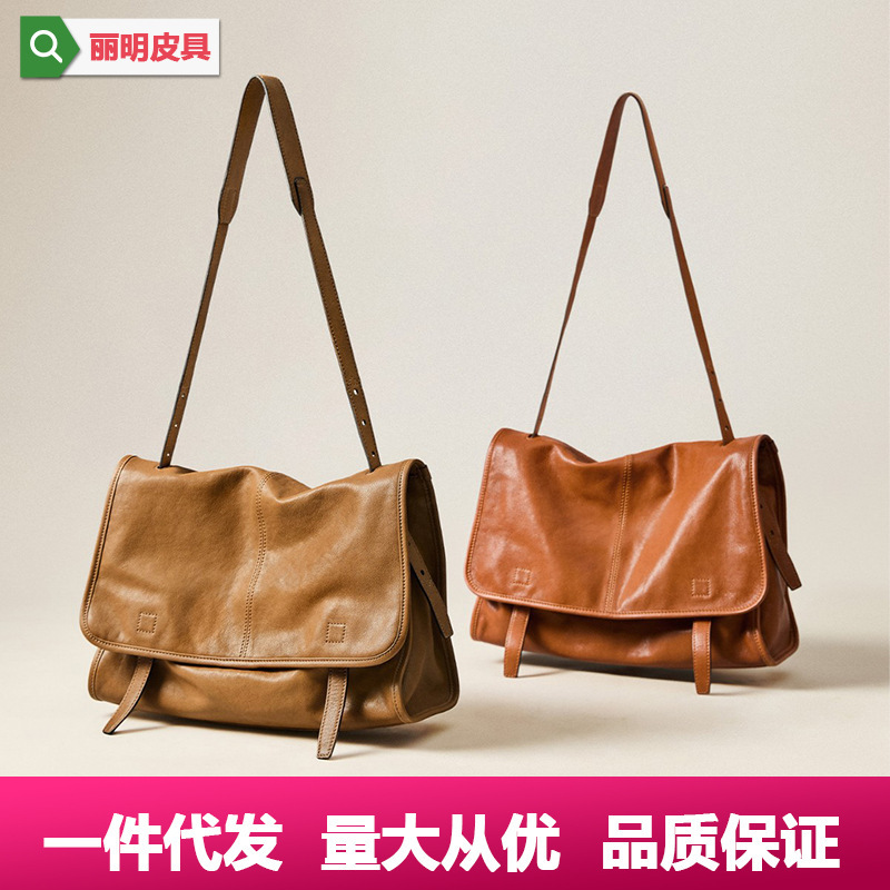 Qiu Zhen Vegetable-Tanned Sheepskin Messenger Bag, Large Capacity, Vintage Casual Single-Shoulder Crossbody Bag for Women