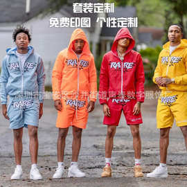 来图定制欧美带帽运动服拉链风衣夹克套装男式数码印短裤两件套