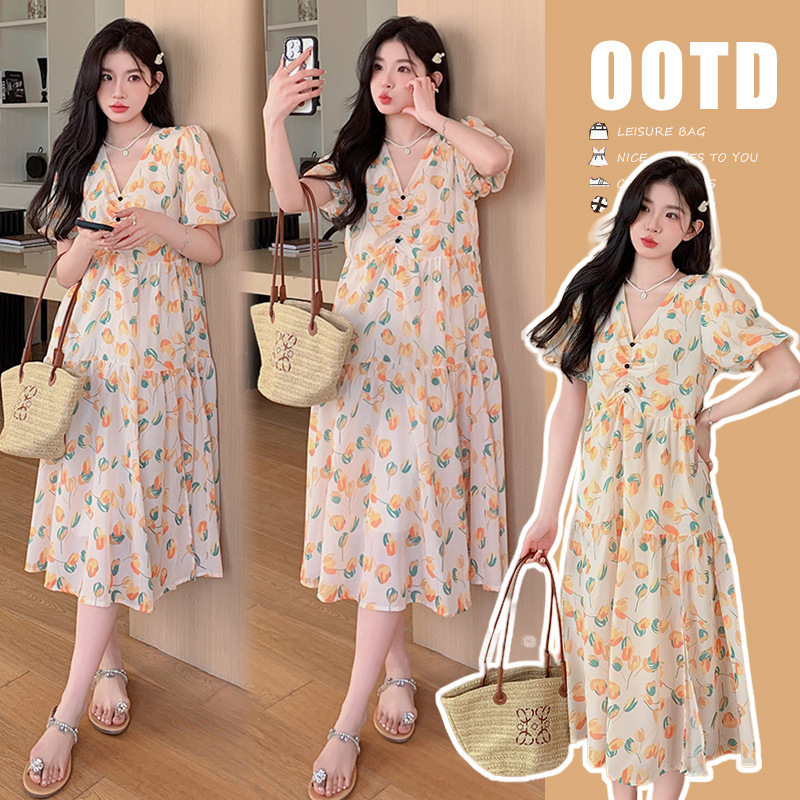 Maternity 2025 Summer New Color Chiffon V-neck Slimming Loose Printed Fresh Pregnant Women dress