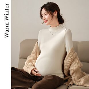 Pregnant Women's Autumn and Winter Fashionable Mom's New fleece-lined Thickened Base Shirt Half-High Neck Soft Waxy All-Match Stretch Fashionable Top