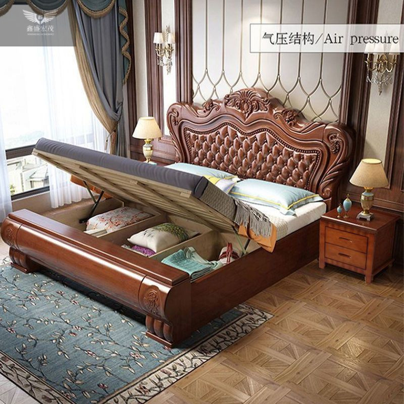 Cama de madera maciza de estilo europeo Cama de boda de 1,8 m Cama de princesa tallada de lujo de 1,5 m Dormitorio principal Cama grande Cama de almacenamiento de caja alta Hogar
