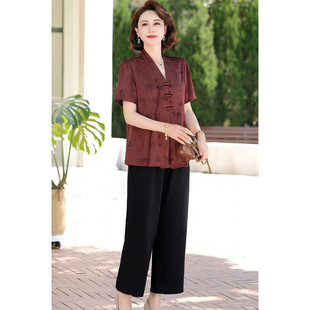 Summer Short-Sleeved Jacquard Shirt and Pants Suit Chinese Style Mother's Summer Dress Western Style Middle-Aged and Elderly Women's Two-Piece Set