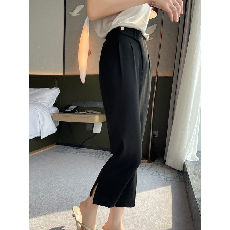 2026 Spring/Summer New Acetate Satin Waist-Cinched Casual Pants Solid Color with Pockets Cool Split Hem Cropped Pants Cigarette Pants