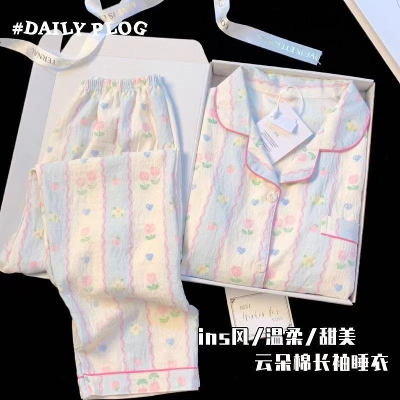 Pijamas de primavera y otoño nubes de algodón estudiantes delgados sueltos cardigans de manga larga set de ropa para el hogar image 22