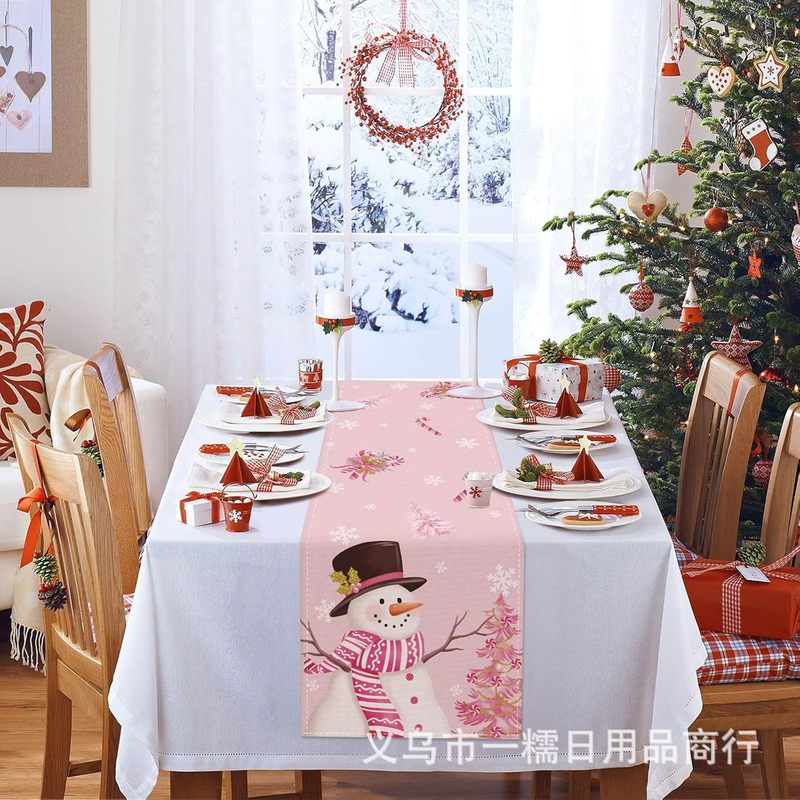 国境を越えて人気のクリスマステーブル旗サンタクロースヘラジカ雪だるま亜麻プリント客間茶卓装飾品|undefined