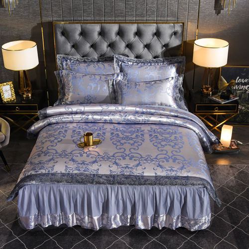 European luxury satin jacquard four-piece bed skirt set, pure cotton bed cover, lace edge satin quilt cover, bed cover