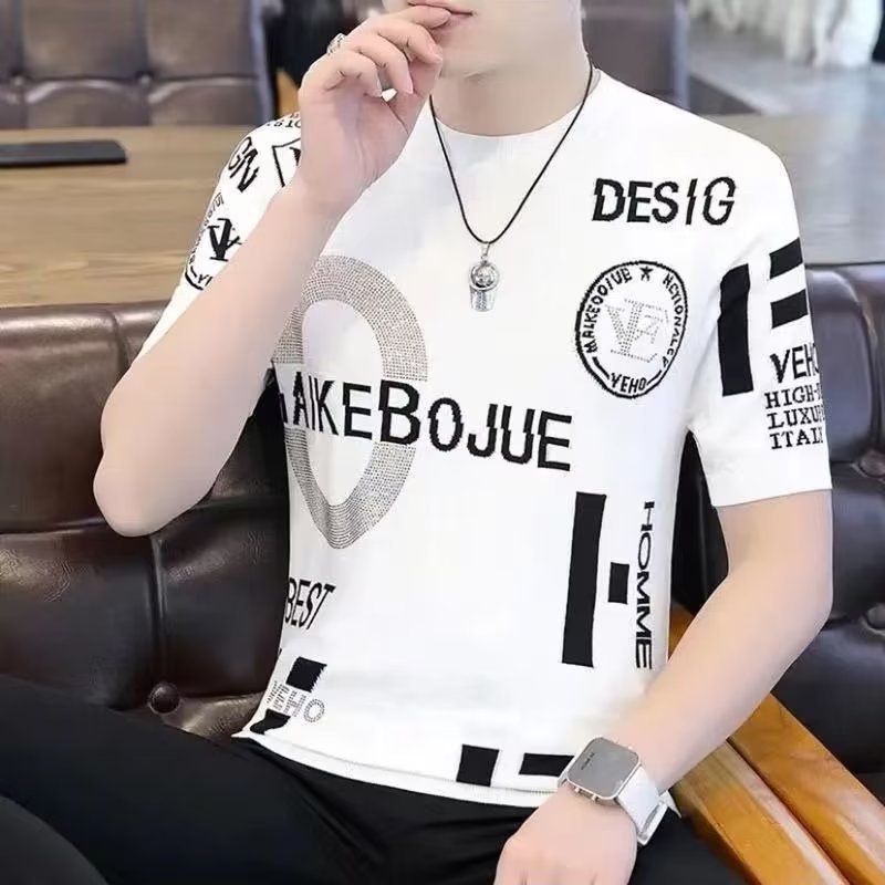 Camisa menos ropa verano nueva camiseta de manga corta de seda de hielo hombres cuello redondo marca de moda ropa superior delgada Camiseta slim fit