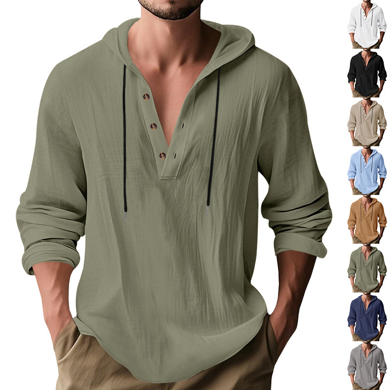 Cross-border Amazon American Spring and Autumn Men's Linen Shirt Solid Color Resort Clothing Long Sleeve Hooded Beach Leisure
