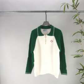 欧美潮流百搭男女新款Ca拼色白绿编织针织羊毛衫长袖平替跨境欧货