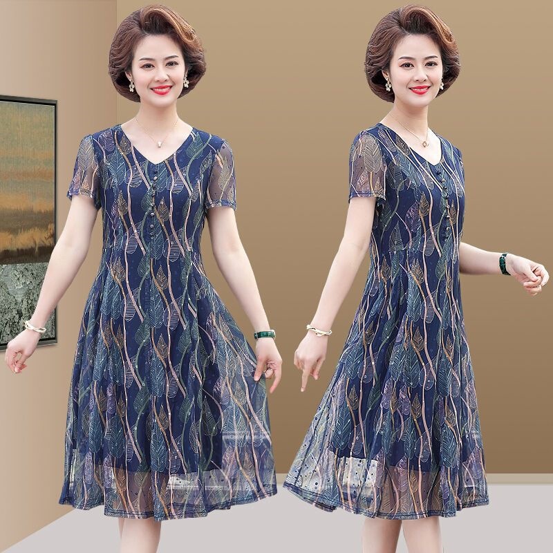 New Style Women's Short-Sleeved Mid-Length Dress, Summer Dress for Mom, Stylish Middle-Aged and Elderly Women's Clothing, Loose Fit, Plus Size, Slimming New Style Women's Short-Sleeved Mid-Length Dress, Summer Dress for Mom, Stylish Middle-Aged and Elderly Women's Clothing, Loose Fit, Plus Size, Slimming