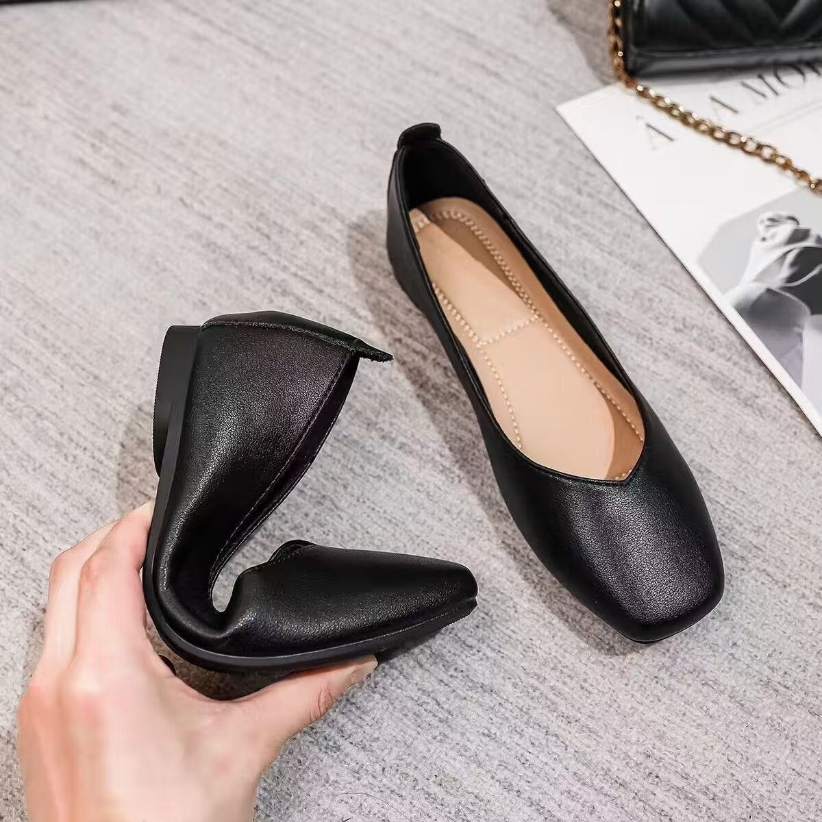 Zapatos de trabajo de cuero realmente suaves, herramientas planas de punta cuadrada negra, zapatos de trabajo ocupacional, asistentes de vuelo de entrevista, cómodos zapatos de suela blanda