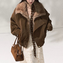 橡树与榛子冬季保暖外套女毛领厚款短款夹克翻领上衣