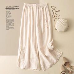 レトロ九分国風刺繍綿麻の新型ワイドパンツ女性夏の薄いタイプのストレッチ文芸カジュアルなゆったりしたスカートのズボン