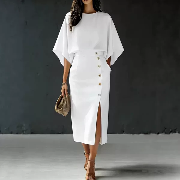 2026 Cross-Border European and American Summer New Fashion Mature Style Round Neck Foreign Trade Amazon Metal Button Skirt Set