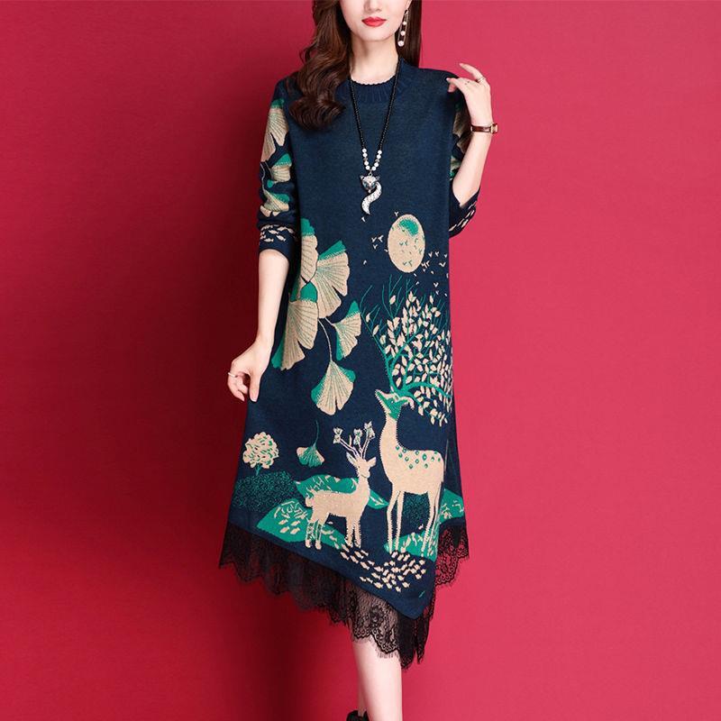 Lace stitching dress 2023 Winter new fashion round neck long sleeve knitted dress plus size women's clothing for moms