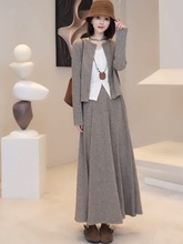 今年流行时尚套装裙女春秋韩系休闲长袖开衫背心高腰半身裙三件套