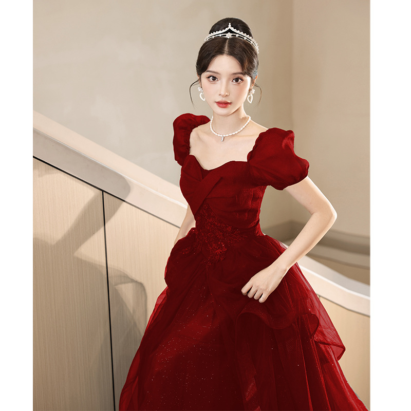 Đầm dạ hội đỏ ôm body đuôi cá thiết kế cao cấp dành cho cô dâu — Mẫu dài màu đỏ rượu