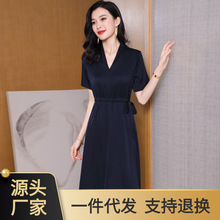 杭州真丝连衣裙中长款2025春夏新款纯色长袖收腰系带重磅桑蚕丝裙