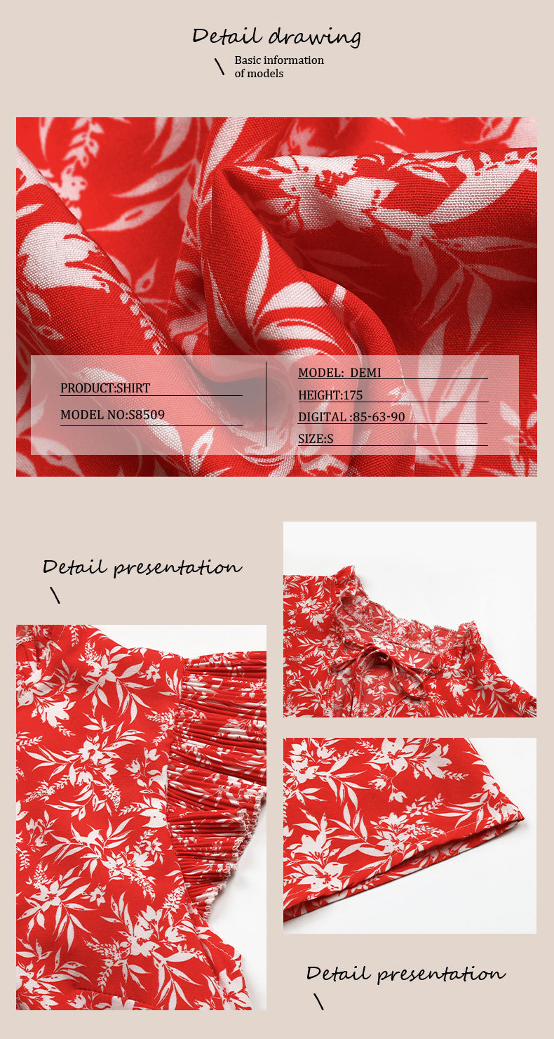 Red Printed Ruffled short-sleeved Lace-up Shirt_voghion.com