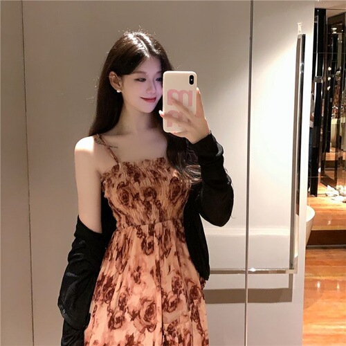 French coffee break dress, suspender dress, women's summer new style, fat MM waist, slimming, covering meat, rose floral long dress