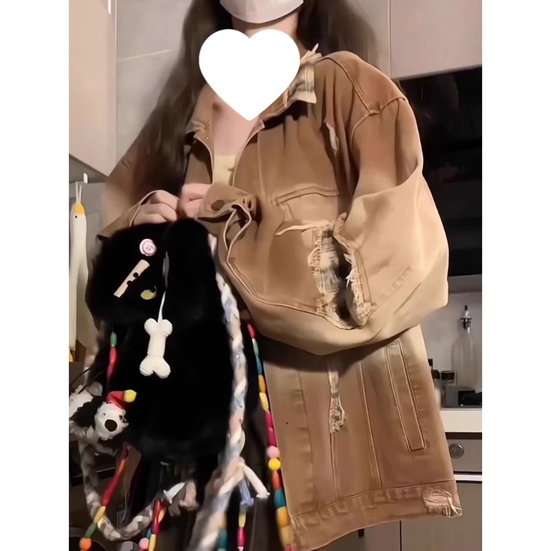 美式高街破洞贴布牛仔外套女潮牌春秋宽松慵懒风休闲工装夹克上衣|undefined