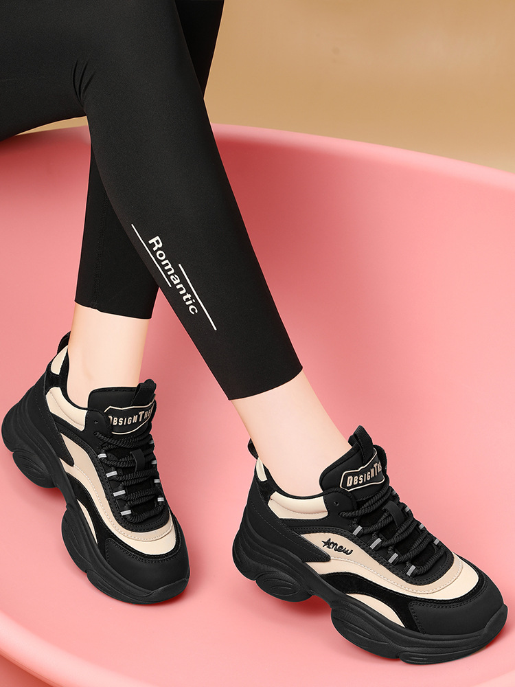 Giày sneaker nữ chunky đế dày thoáng khí mùa hè 2025, gót 5.5 cm — Lớp lót đơn màu be và đen, chiều cao gót 5.5cm, Phong cách thoáng khí của Mika, Mẫu Low Ankle lót đơn màu be và đen, chiều cao gót 5.5cm, Màu be và đen cộng với nhung, chiều cao gót 5.5cm