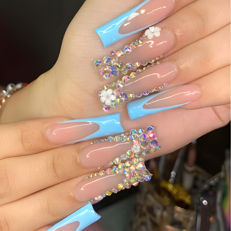 Blue French floret colored diamond fake nails hot girls cross-border wearing nail tablets wearable nail tablets wholesale