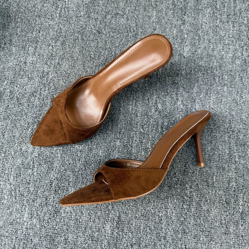 Plus Size 2026 Summer New Style Simple Stiletto Open-Toe Mules for Women Slip-On Suede High-Heeled Fashion Sandals