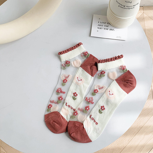 Crystal Socks for Women Glass Silk Summer Tulip Thin Pink Socks Cute Lace Wholesale Socks for Women Cards