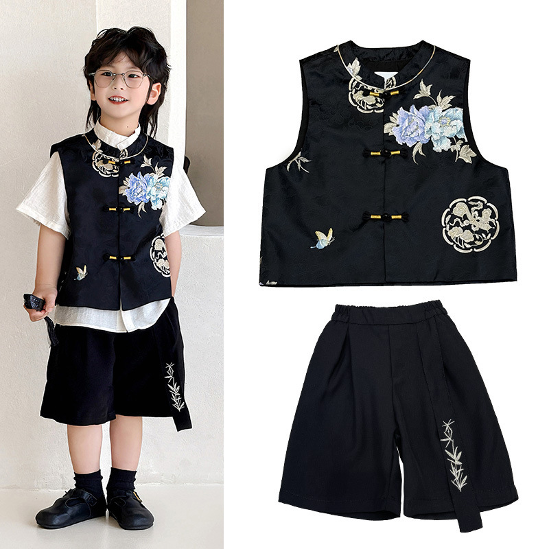 子供の新中国式ベスト2025夏のジャカード盤は刺繍の肩の赤ちゃんの国風唐服の上着のベストを掛けます。|undefined