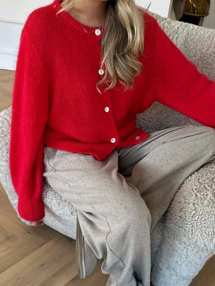 Áo cardigan len dệt kim dáng mỏng nhẹ cài nút một hàng, tay dài cổ tròn nữ — hoa hồng đỏ, màu be, màu cam, màu hoa cà chi tiết 34