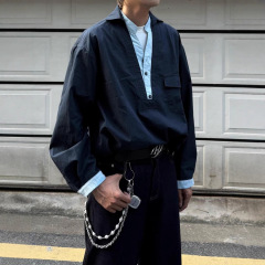 韩式春秋季新款老钱风深V领撞色宽松休闲衬衫假两件中性风男上衣